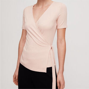 Aritzia Babaton Sz S Dashiell Wrap Short Sleeve Pink Ribbed Top